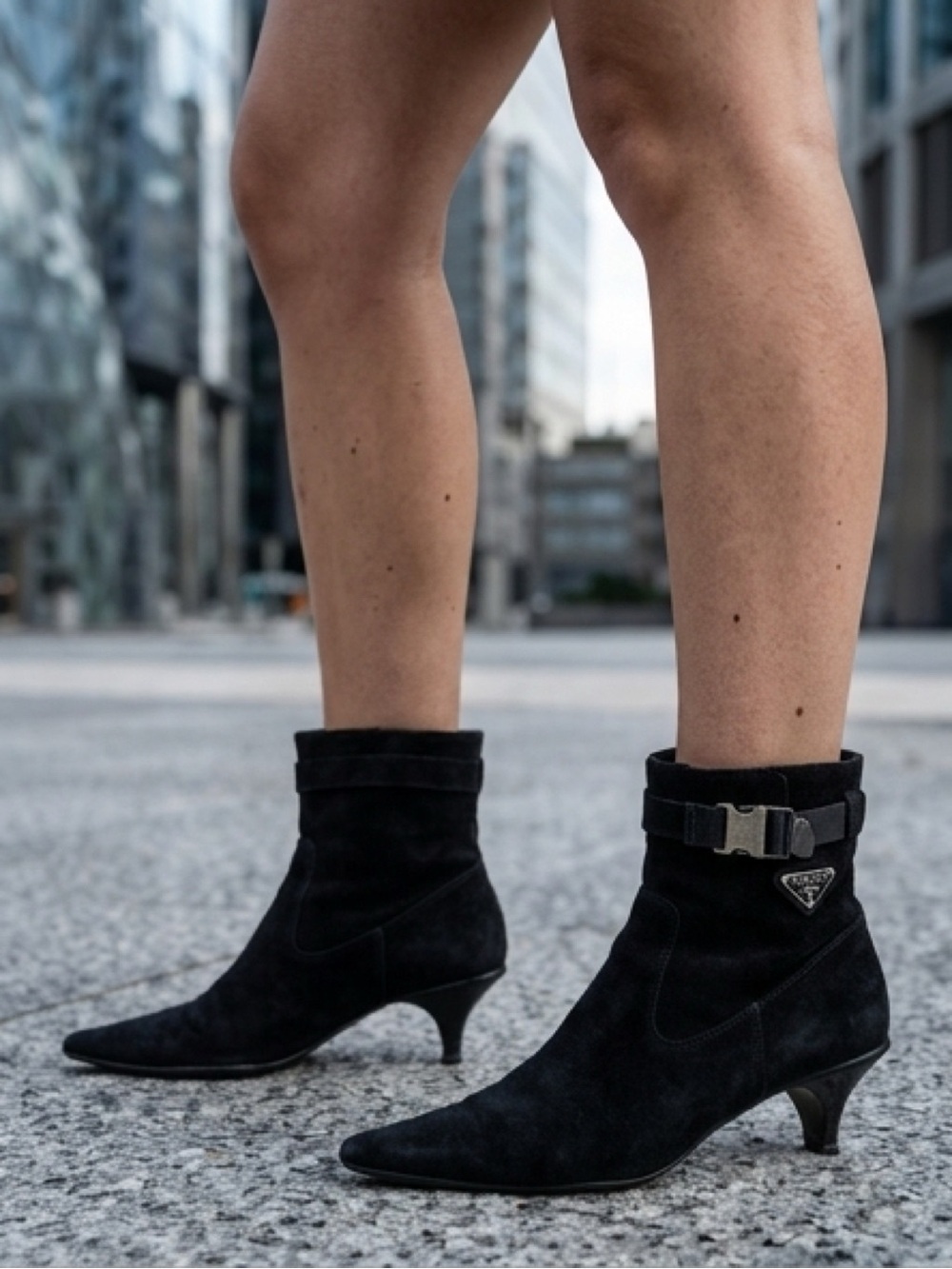 Prada Suede Moto Boots with Kitten Heels in Black size 37.5